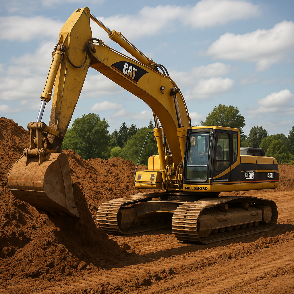 A yellow Caterpillar 330B hydraulic excavator digging into reddish-brown soil on a construction site in Hillsboro, Oregon, with green trees and a clear blue sky in the background.