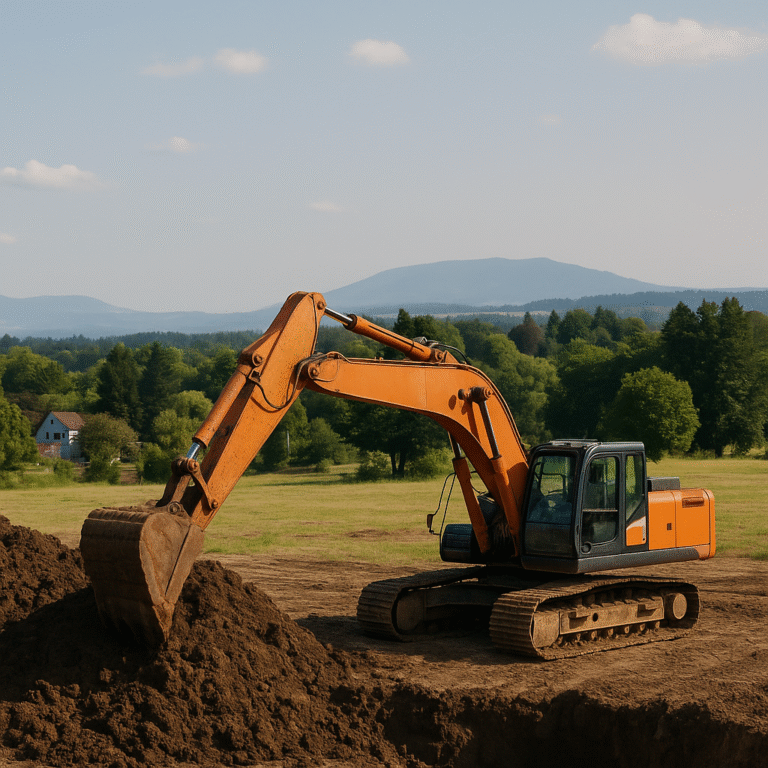 An orange hydraulic excavator digs into a large mound of soil on a clear summer day in a rural area near Hillsboro, Oregon. The machine is positioned on a dirt field with green trees, rolling hills, and distant blue mountains in the background.