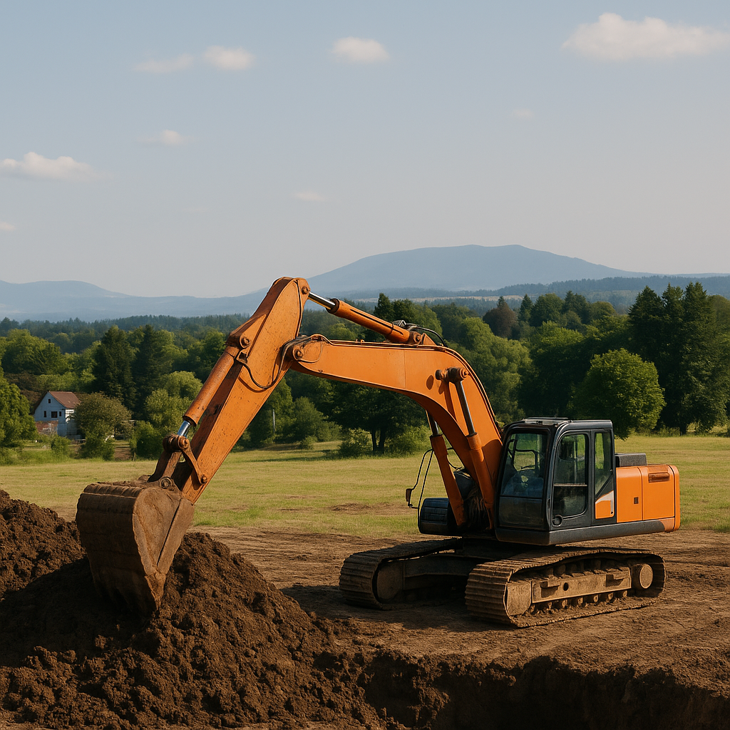 An orange hydraulic excavator digs into a large mound of soil on a clear summer day in a rural area near Hillsboro, Oregon. The machine is positioned on a dirt field with green trees, rolling hills, and distant blue mountains in the background.