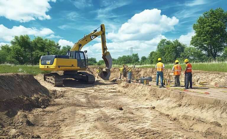 A group of construction workers gathered around an excavation as they plan their land prep.